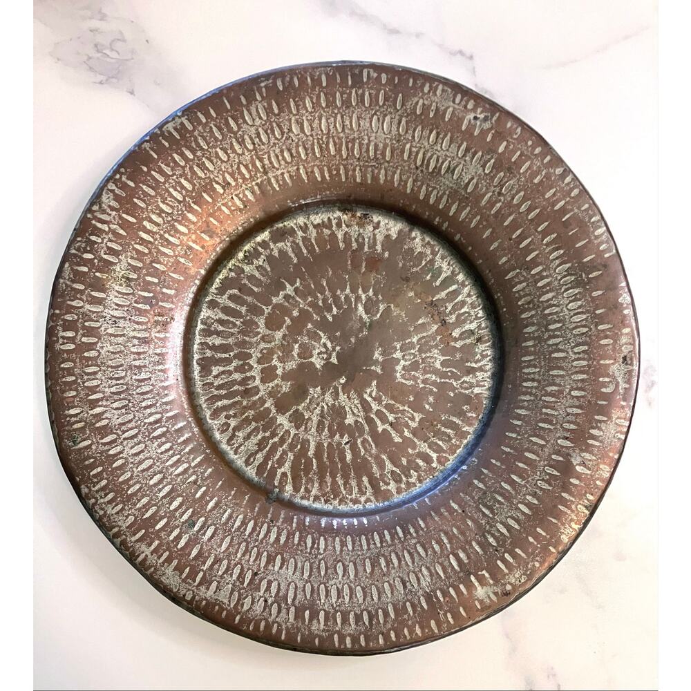 Antique Hammered Copper Platter Tinned Vintage Turkish Bowl Rolled Edge 15 In